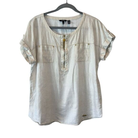 Ellen Tracy Linen Blend 3/4 Roll Tab Sleeve Gold Accent Tunic Top Sz L - Picture 1 of 5